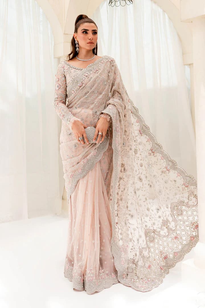 Embellished Pastel Pink Pakistani Organza Saree For Wedding