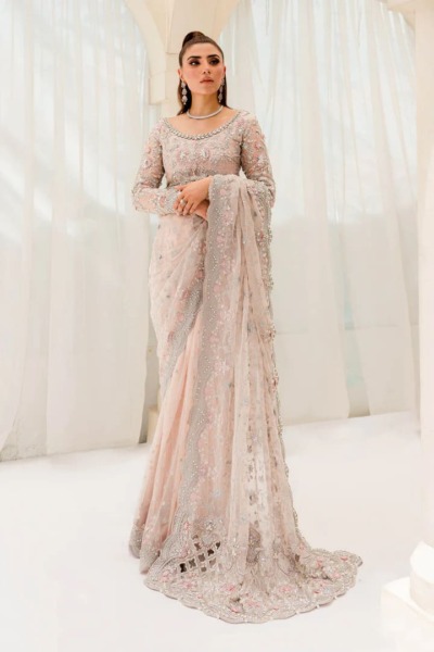 Embellished Pastel Pink Pakistani Organza Saree For Wedding