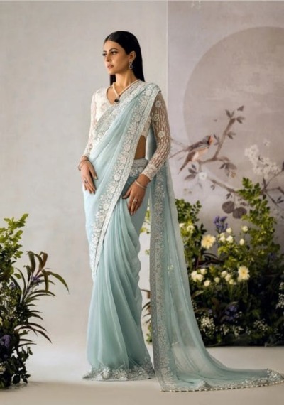 Blue and white Pakistani Embroidered Saree Wedding Dress