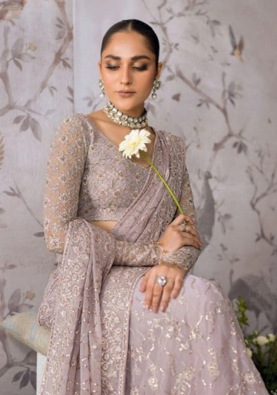 Traditional Pakistani Embroidered Rose Gold Bridal Saree