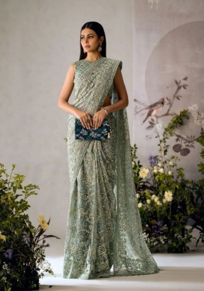 Pakistani Bridal Embroidered Aqua Green Sleeveless Saree Dress