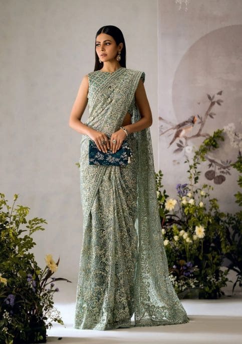 Pakistani Bridal Embroidered Aqua Sleeveless Saree Bridal Dress