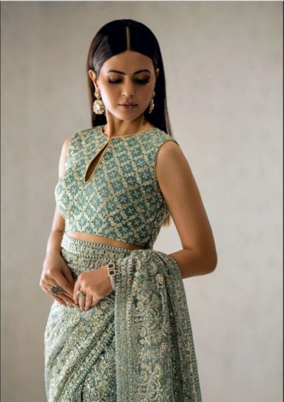 Pakistani Bridal Embroidered Aqua Green Sleeveless Saree Dress