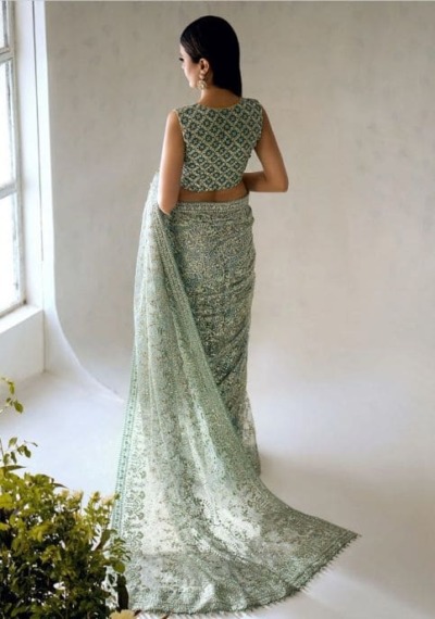 Pakistani Bridal Embroidered Aqua Green Sleeveless Saree Dress