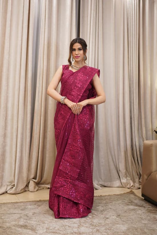 Embroidered Maroon Pakistani Bridal Saree Beautiful Style