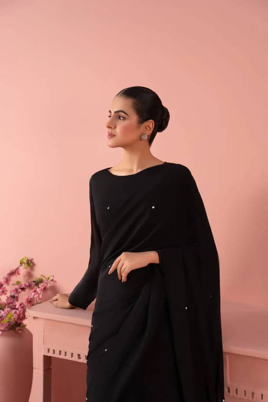 Pakistani Bridal Dress Embroidered Black Imported Chiffon Saree