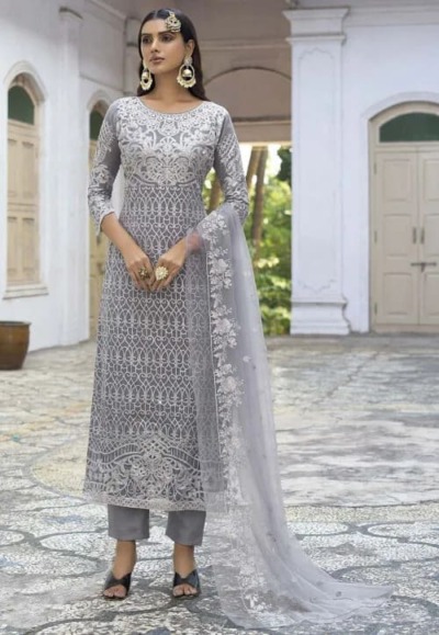 Pakistani Embroidered Party Gray Salwar Kameez - Image 2