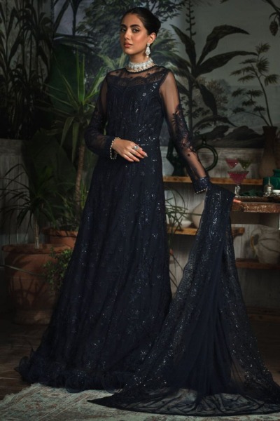 Pakistani Black Embroidered Net Wedding Dress - Image 3