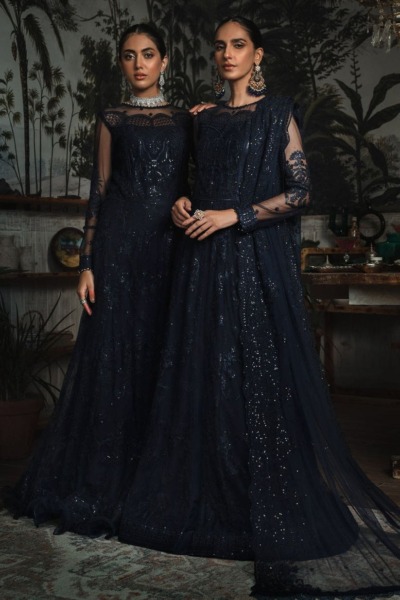 Pakistani Black Embroidered Net Wedding Dress - Image 4