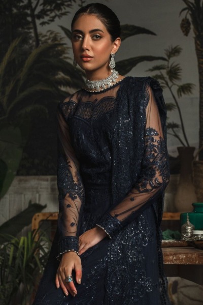 Pakistani Black Embroidered Net Wedding Dress - Image 5