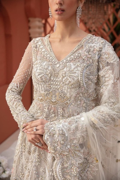 Pakistani Bridal Embellished Silver Gown Outfit - Image 2