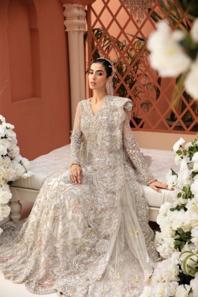 Pakistani Bridal Embellished Silver Gown Outfit - Image 4