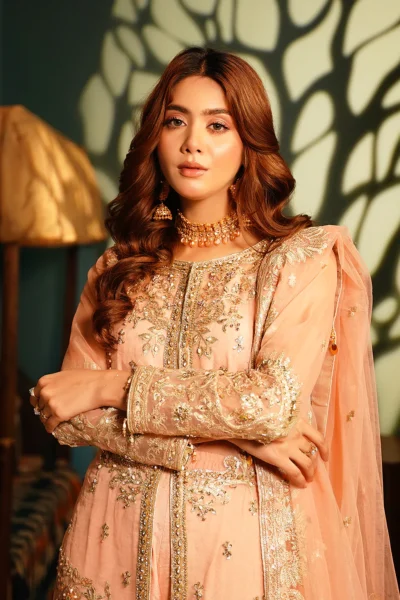 Peach Pakistani Party Embellished Kameez Trouser - Image 2