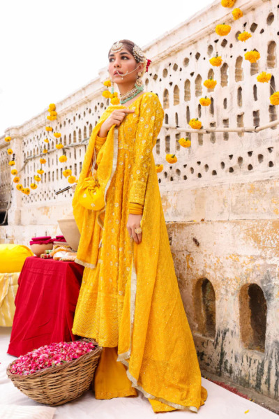 Yellow Heavily Embroidered Long Pishwas Gharara