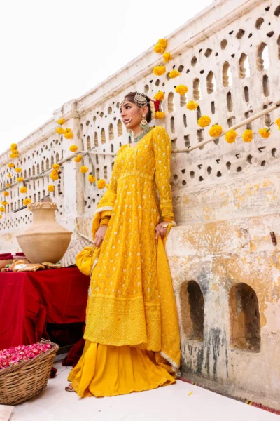 Yellow Heavily Embroidered Long Pishwas Gharara - Image 2