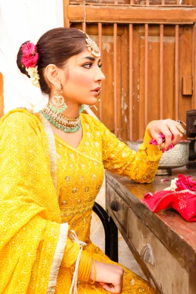 Yellow Heavily Embroidered Long Pishwas Gharara - Image 3