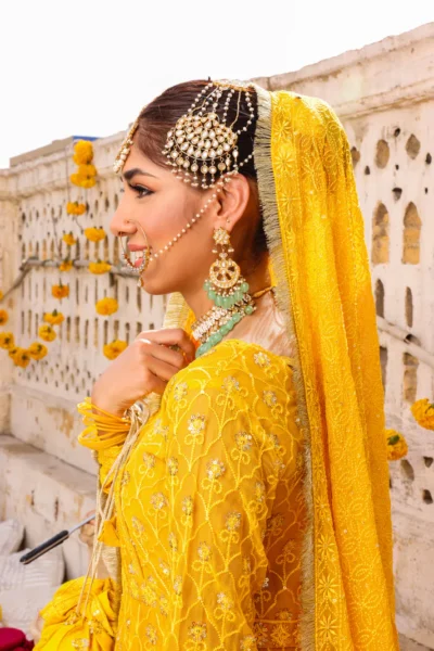 Yellow Heavily Embroidered Long Pishwas Gharara - Image 4