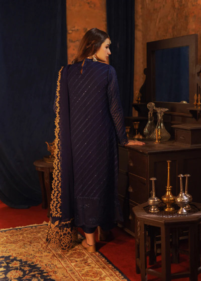 Embroidered Dark Blue Pakistani Party Dress - Image 4