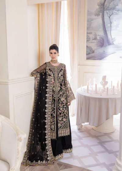 Pakistani Black Embroidered Front Open Gown - Image 5