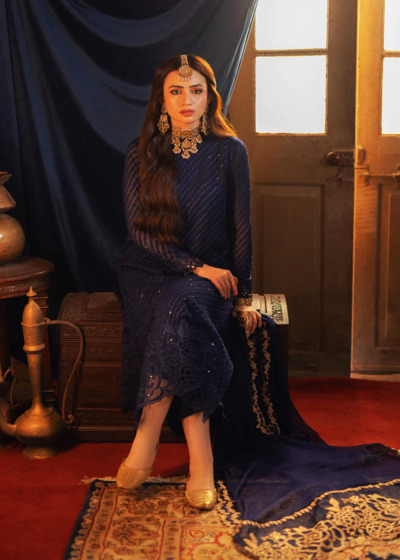 Embroidered Dark Blue Pakistani Party Dress - Image 5