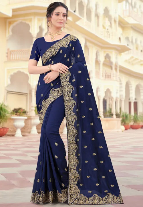 Traditional Indian Saree in Navy Blue Silk with Embroidered Details