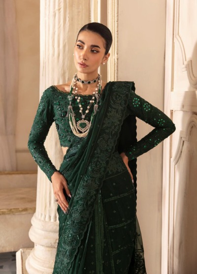 Embroidered Emerald Green Saree In Net