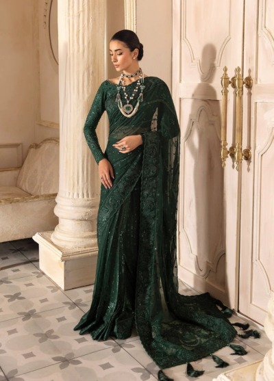 Embroidered Emerald Green Saree In Net