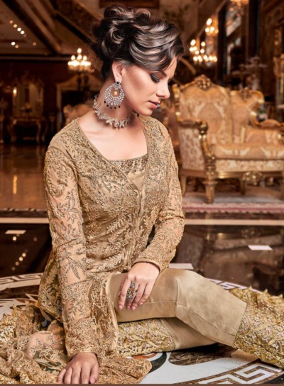 Beige Semi stitched Indian Party Dress - Image 2