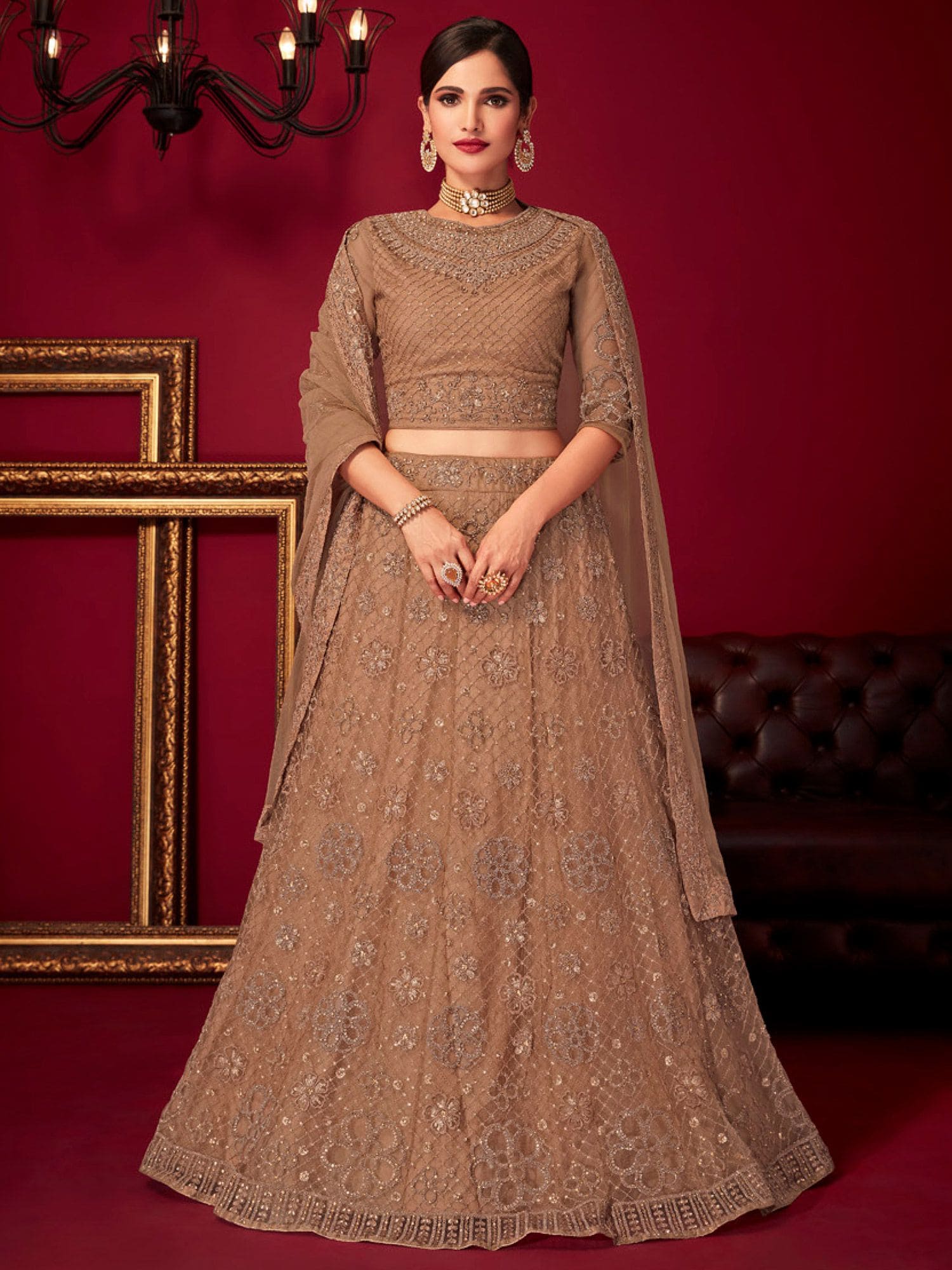 BROWNY SILVER Stone Planned Net INDIAN Lehenga With Pullover