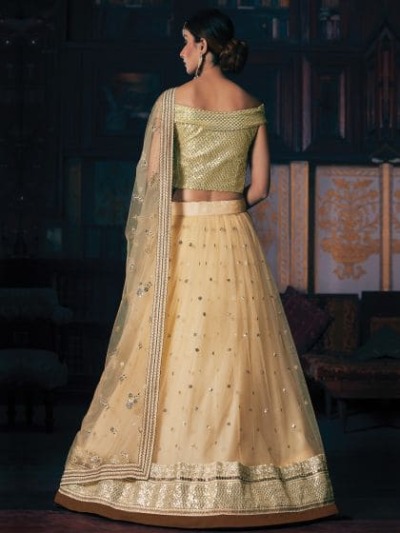 Gold Multicolored Embroidered Net Ghagra