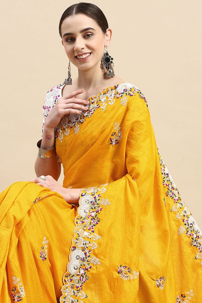 Indian Embroided Work Dola Silk Yellow Saree