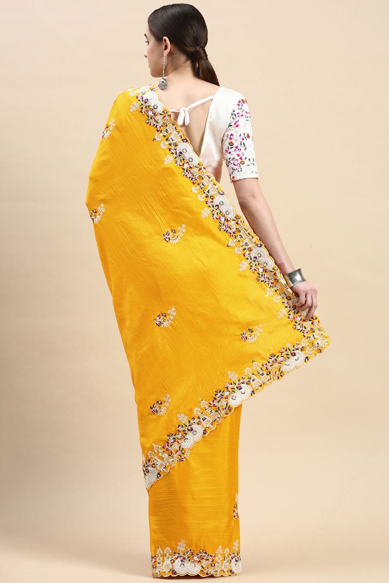 Exquisite Yellow Dola Silk Saree Adorned with Embroidery Work