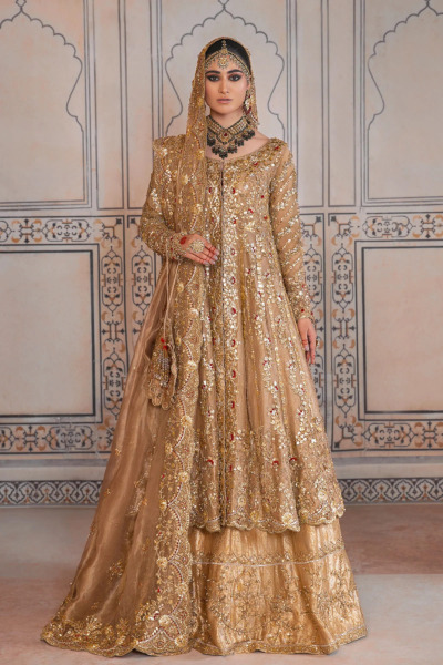 Pakistani Bridal Dress Gold Frock Lehenga Style Wedding Outfit