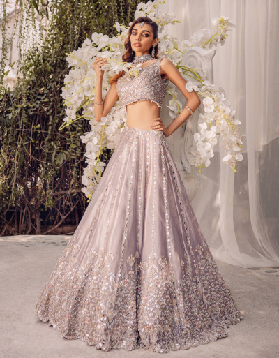 Lilac Mirror-Work Lehenga Choli Pakistani Bridal Outfit