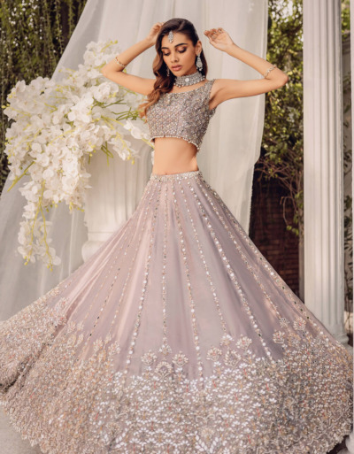 Lilac Mirror-Work Lehenga Choli Pakistani Bridal Outfit