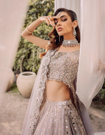 Lilac Mirror-Work Lehenga Choli Pakistani Bridal Outfit