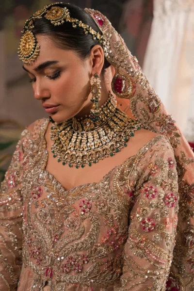 Classical Peach Gold Pishwas Lehenga Pakistani Bridal Dress