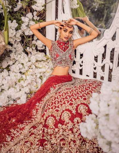 Pakistani Embellished Red Lehenga Choli Bridal Outfit