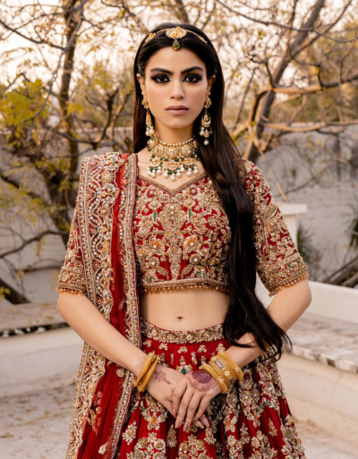 Red Raw Silk Lehenga Choli Pakistani Embroidered Bridal Dress