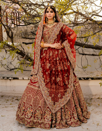 Red Raw Silk Lehenga Choli Pakistani Embroidered Bridal Dress