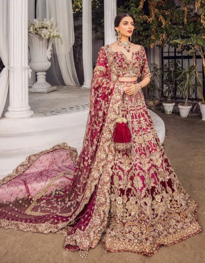 Embroidered Royal Wine Gold Lehenga Choli Bridal Outfit