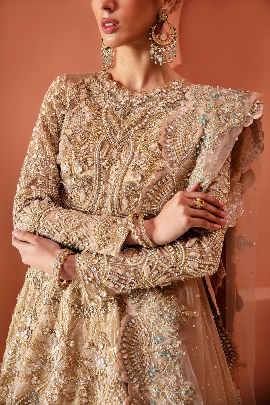 Pakistani Bridal Embellished Gold Pearl Gown