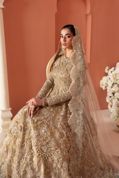 Pakistani Bridal Embellished Gold Pearl Gown