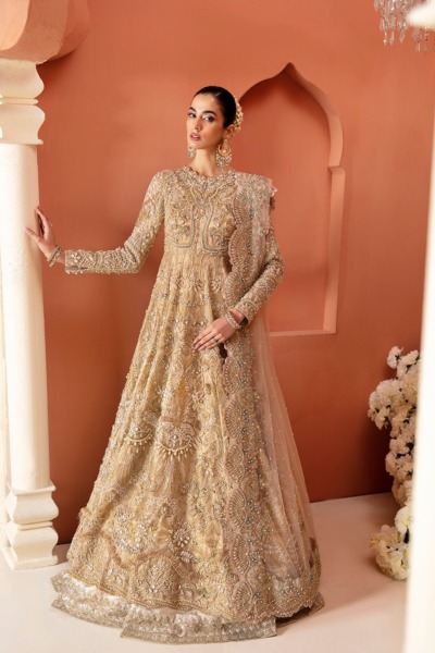 Pakistani Bridal Embellished Gold Pearl Gown