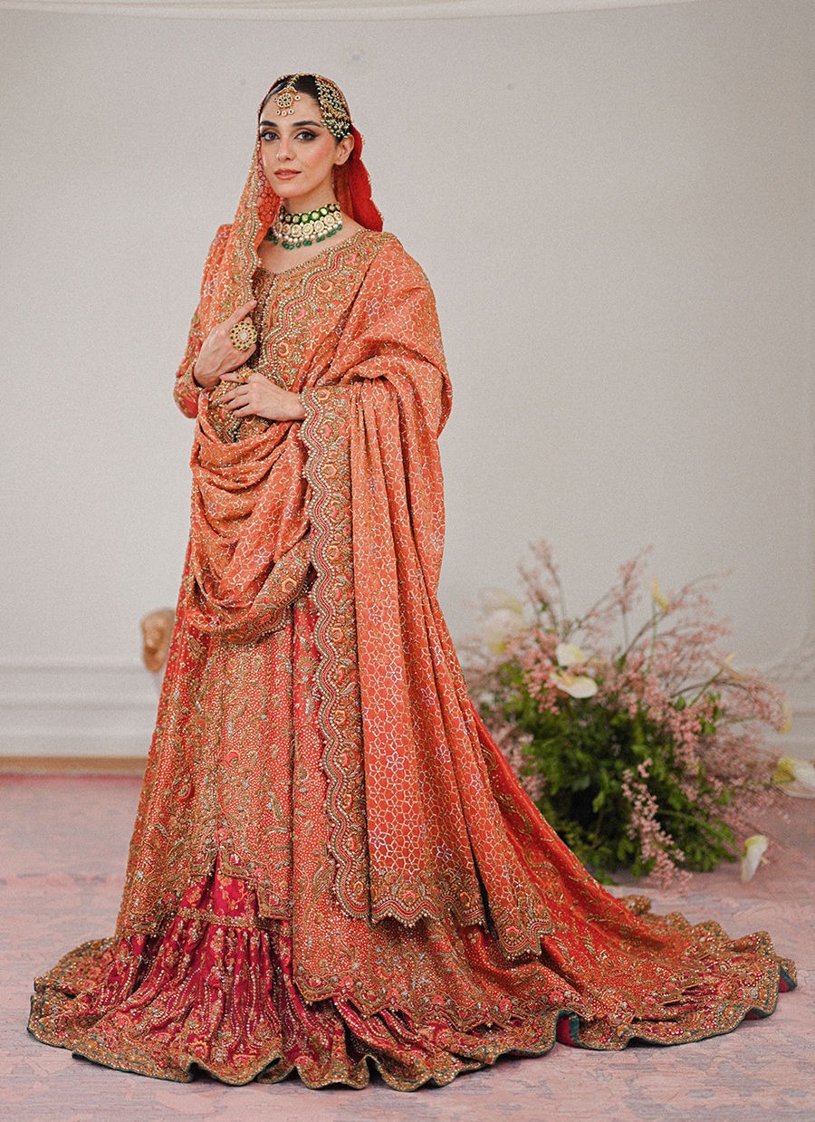 Pakistani Coral Color Kalidaar Farshi Lehenga