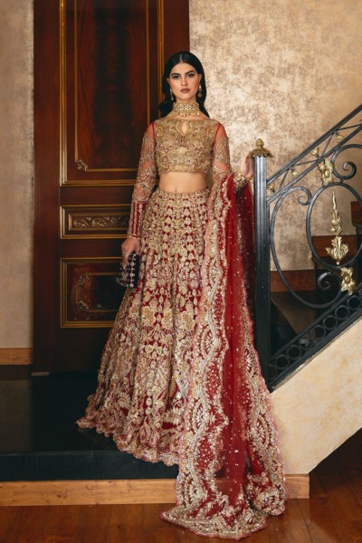 Pakistani Latest Bridal Embellished Red Lehenga