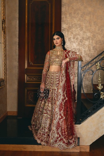 Pakistani Latest Bridal Embellished Red Lehenga