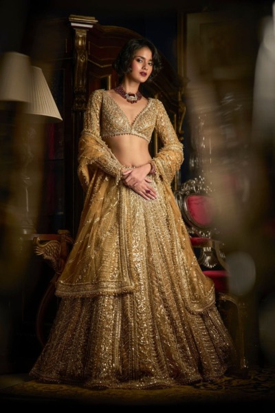 Gold Beaded Embellished Indian Bridal Lehenga - Image 3