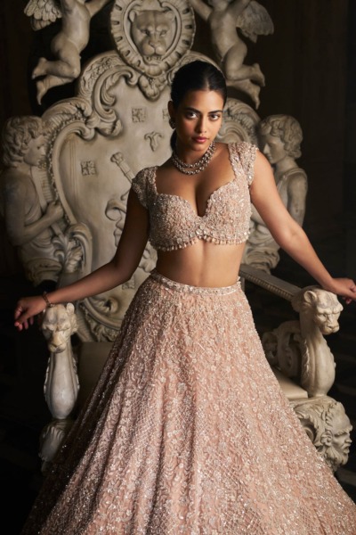 Indian Bridal Champagne Embellished Lehenga Blouse - Image 2