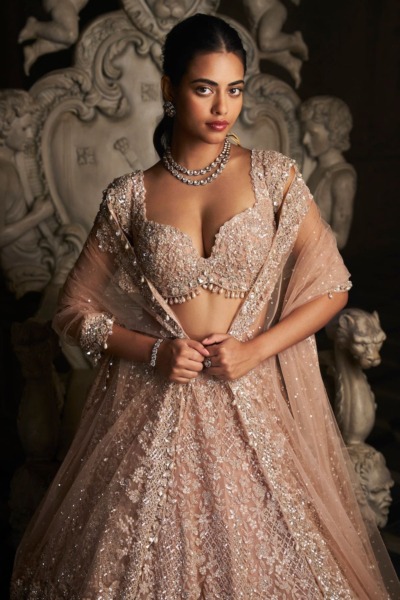 Indian Bridal Champagne Embellished Lehenga Blouse - Image 3